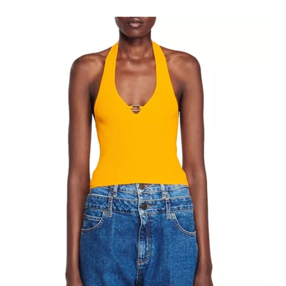 Sandro - Donatien Ribbed Halter orange top - Picture 1 of 7
